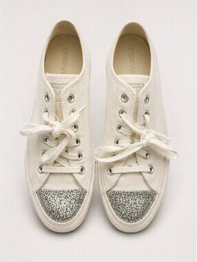 Converse Chuck Taylor White Sneakers with Silver Glitter Toe Women's Size 8.5